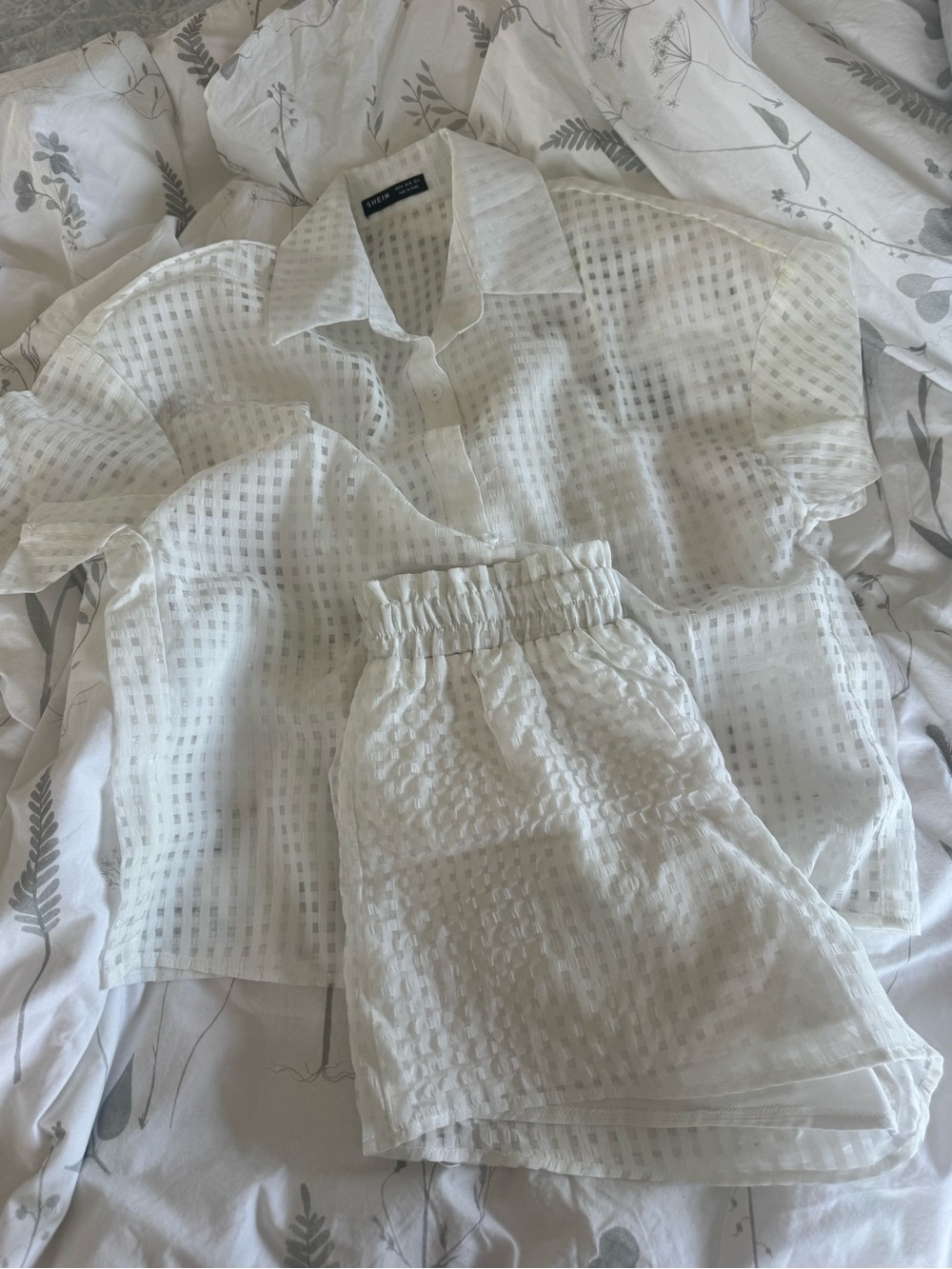 SHEIN White Textured Sheer Button-Up Top and Shorts Set
